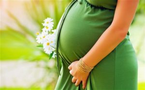 Pregnant woman standing in a sunny room, holding a flower, symbolizing a healthy pregnancy.