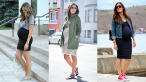 Collage of three pregnant women stylishly dressed, posing confidently on a city street.