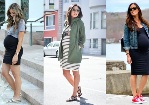 Collage of three pregnant women stylishly dressed, posing confidently on a city street.