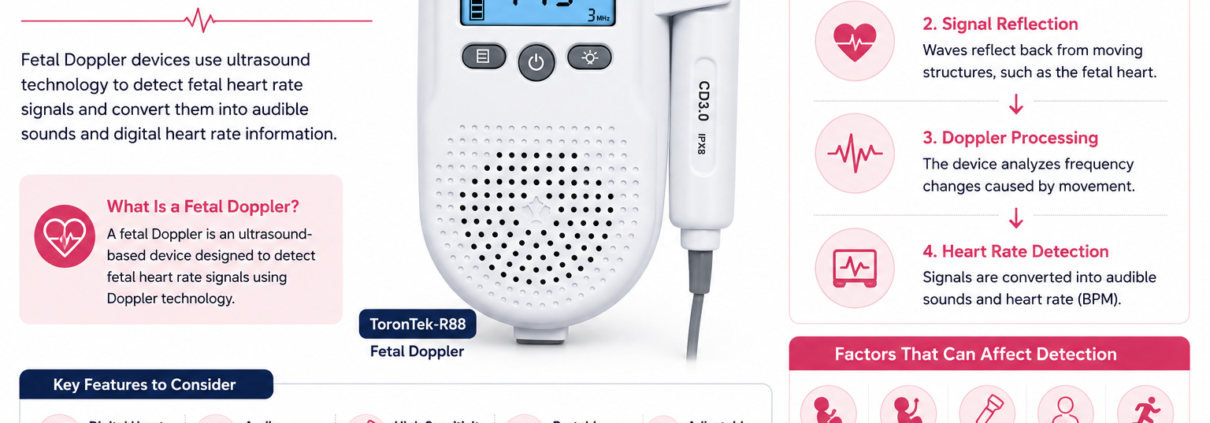 ToronTek R88 fetal Doppler infographic explaining Doppler ultrasound technology, fetal heart rate detection, device features, and factors affecting signal detection.