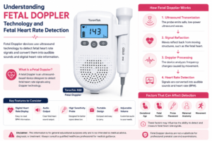 ToronTek R88 fetal Doppler infographic explaining Doppler ultrasound technology, fetal heart rate detection, device features, and factors affecting signal detection.