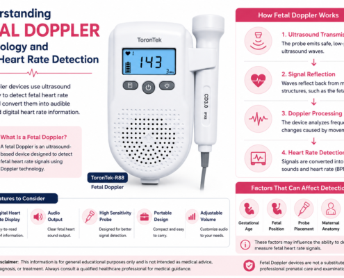 ToronTek R88 fetal Doppler infographic explaining Doppler ultrasound technology, fetal heart rate detection, device features, and factors affecting signal detection.