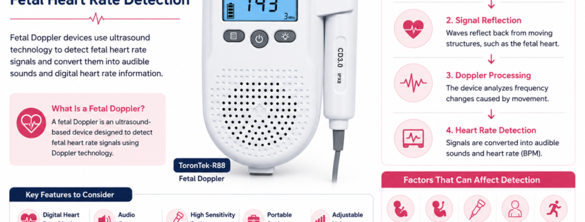 ToronTek R88 fetal Doppler infographic explaining Doppler ultrasound technology, fetal heart rate detection, device features, and factors affecting signal detection.