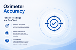 Pulse oximeter measuring blood oxygen saturation and pulse rate with infographic about pulse oximeter accuracy and SpO2 monitoring.