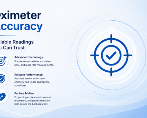 Pulse oximeter measuring blood oxygen saturation and pulse rate with infographic about pulse oximeter accuracy and SpO2 monitoring.
