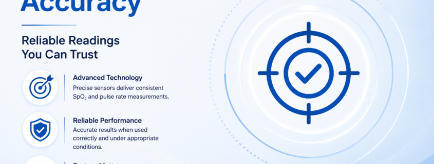 Pulse oximeter measuring blood oxygen saturation and pulse rate with infographic about pulse oximeter accuracy and SpO2 monitoring.