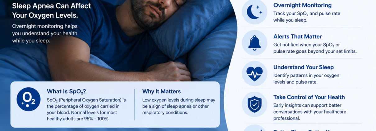 Infographic explaining sleep apnea, blood oxygen saturation monitoring, and the benefits of overnight SpO₂ tracking during sleep.
