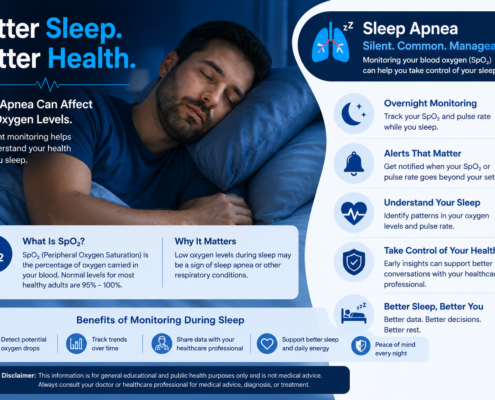 Infographic explaining sleep apnea, blood oxygen saturation monitoring, and the benefits of overnight SpO₂ tracking during sleep.