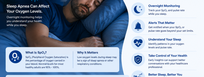 Infographic explaining sleep apnea, blood oxygen saturation monitoring, and the benefits of overnight SpO₂ tracking during sleep.