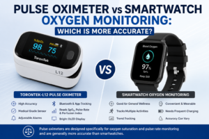 ToronTek-L12 pulse oximeter compared with smartwatch oxygen monitoring, highlighting accuracy, Bluetooth app connectivity, alarms, and blood oxygen saturation tracking.