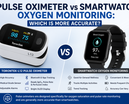 ToronTek-L12 pulse oximeter compared with smartwatch oxygen monitoring, highlighting accuracy, Bluetooth app connectivity, alarms, and blood oxygen saturation tracking.