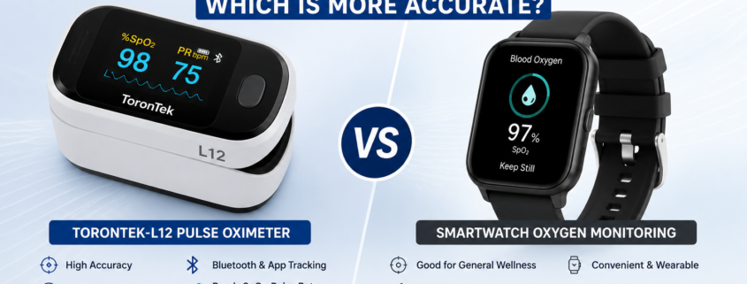 ToronTek-L12 pulse oximeter compared with smartwatch oxygen monitoring, highlighting accuracy, Bluetooth app connectivity, alarms, and blood oxygen saturation tracking.