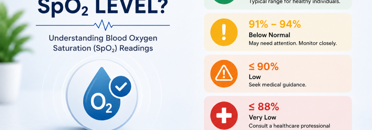 Infographic showing blood oxygen saturation SpO₂ ranges, including normal, below normal, low, and very low oxygen levels.
