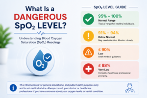 Infographic showing blood oxygen saturation SpO₂ ranges, including normal, below normal, low, and very low oxygen levels.