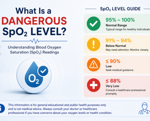 Infographic showing blood oxygen saturation SpO₂ ranges, including normal, below normal, low, and very low oxygen levels.