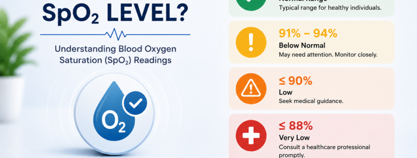 Infographic showing blood oxygen saturation SpO₂ ranges, including normal, below normal, low, and very low oxygen levels.